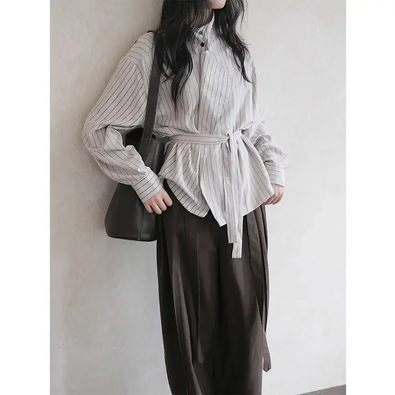 Deeptown Lace Up Striped Women Shirt Vintage Elegant Long Sleeve French Style Button Blouse Female Loose Office Lady Casual New