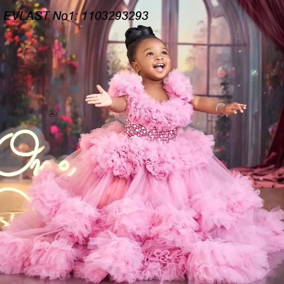 EVLAS Customized Luxury Pearls Kids Birthday Party Dress Pink Ruffles Flower Girl Dress for Wedding Girls Photoshoot Gown TFD172
