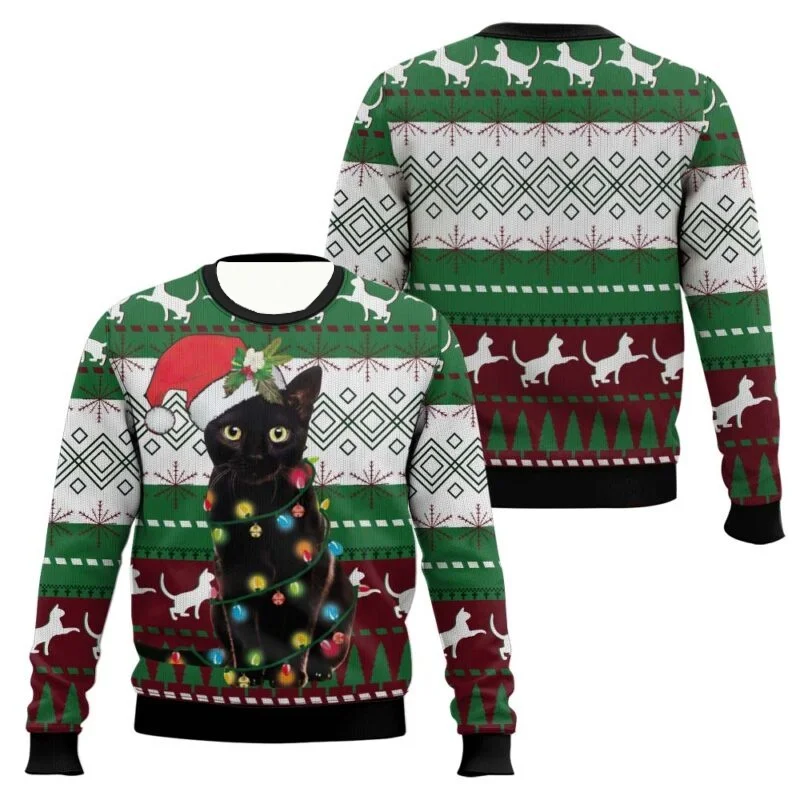 Black Cat Drink Coffee Ugly Christmas Sweaters Multipe Styles Funny Holiday Party Pullover Sweater Family Christmas Gift