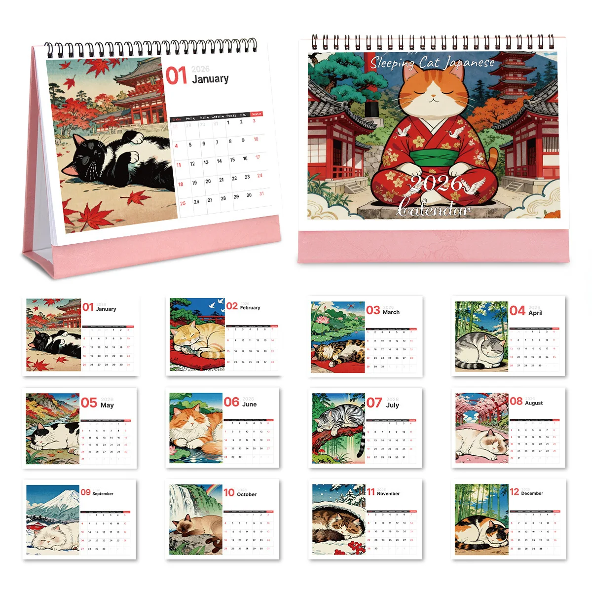 

1PC Traditional Japanese Cat-Themed Desktop Calendar for Home & Office Decor Great 2026 New Year Present