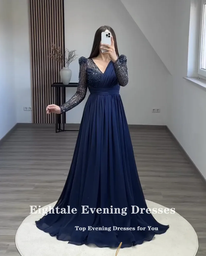 Eightale Elegant Evening Dresses Navy Blue Glitter V-Neck Pleats Chiffon Long Sleeves Prom Party Gown Graduation robes de soirée