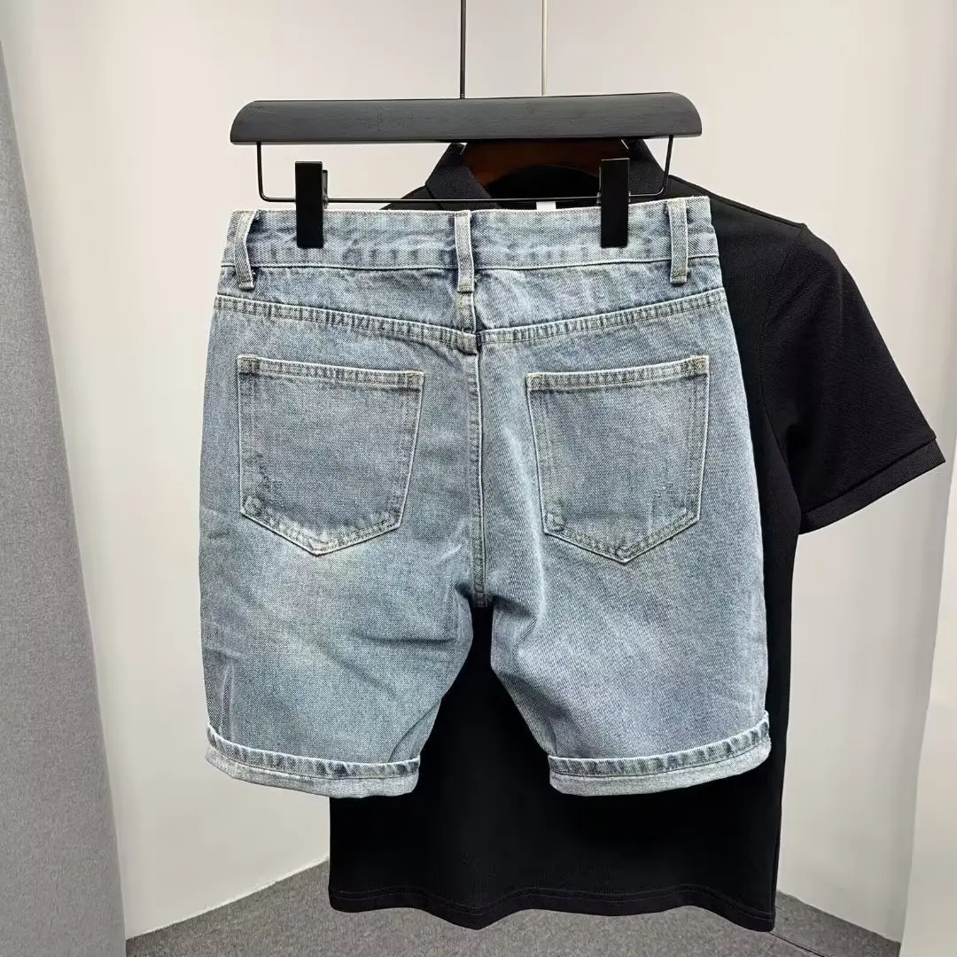 Pantaloncini di Jeans vecchi lavati estivi da uomo sopra il ginocchio dritti larghi a cinque punti moda blu larghi pantaloncini Jeans Streetwear