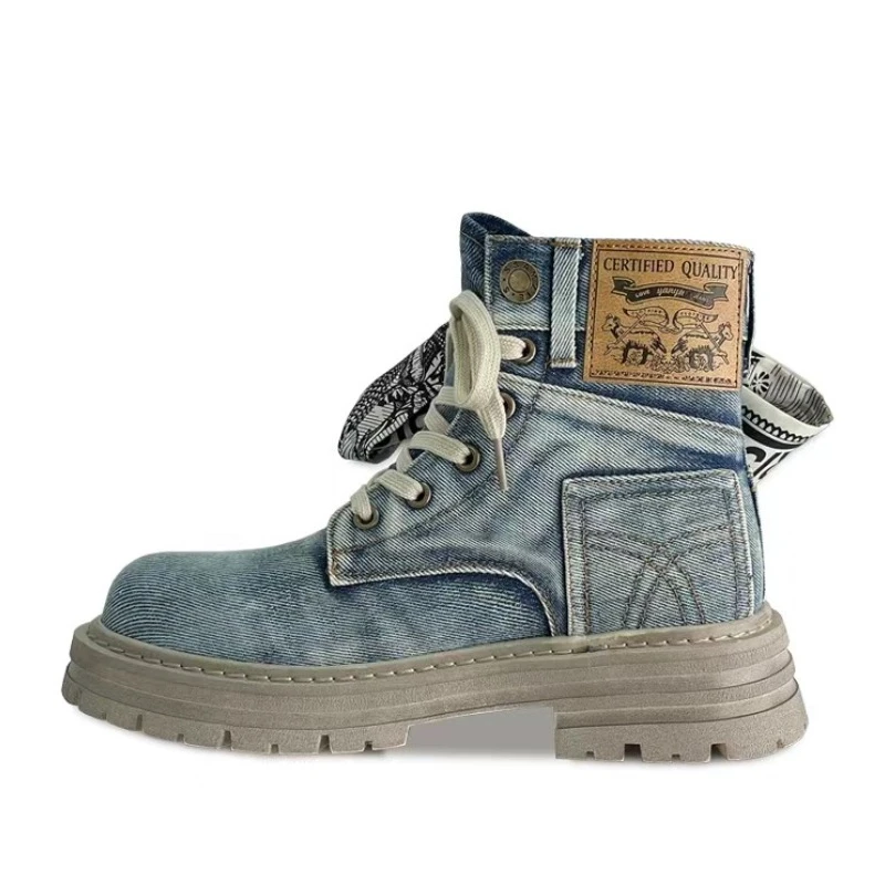 Damen Single Schuhe Sommer neue dicke Sohle Denim Schleife Schnürstiefel etten Mode Temperament erhöhen rutsch feste Segeltuchs chuhe