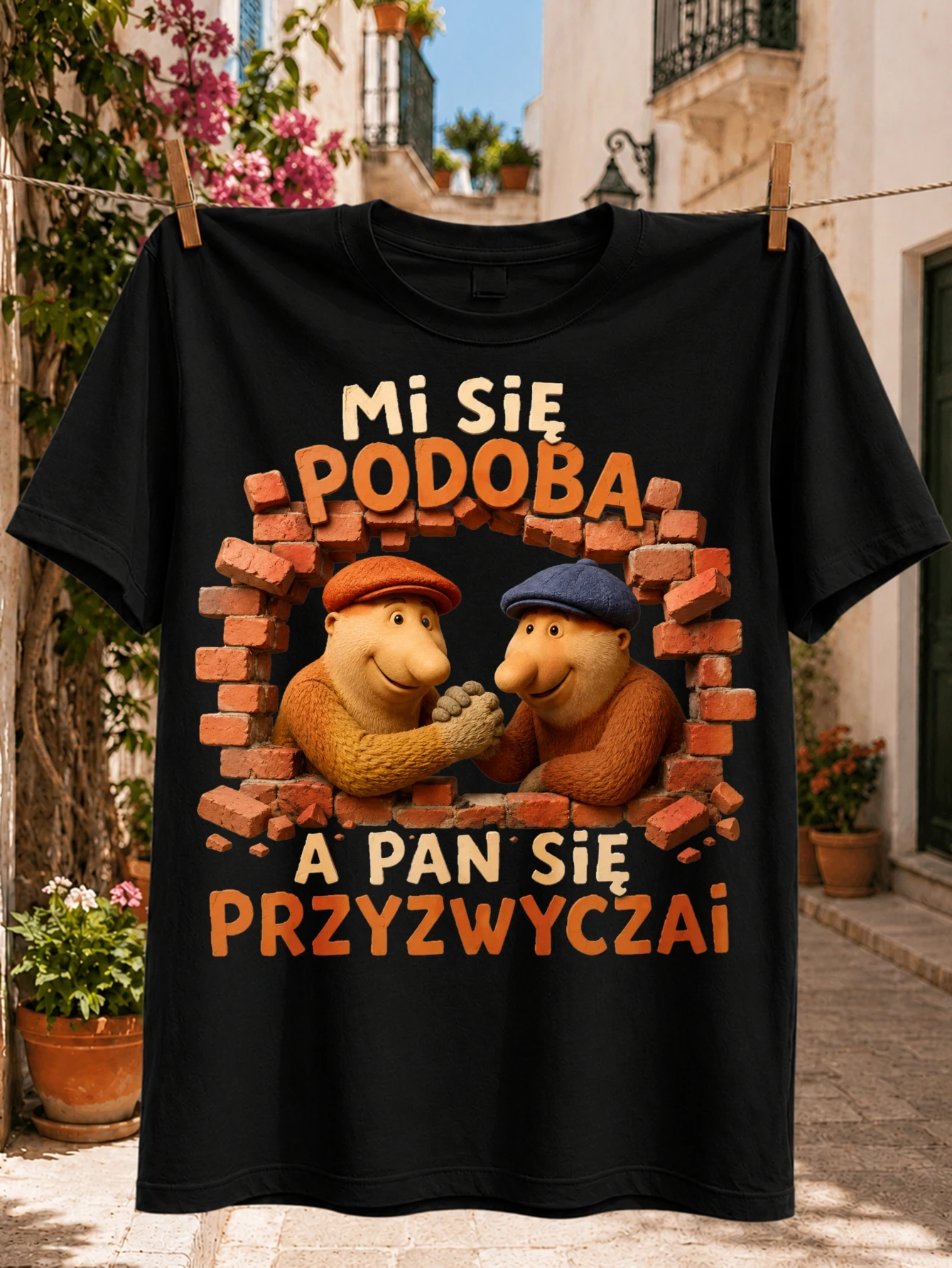 Polish?Mi Sie Podoba A Pan Sie Przyzwycza? with Two Woolly Cartoon men Shaking Hands in a Broken  Unisex All T-Shirt