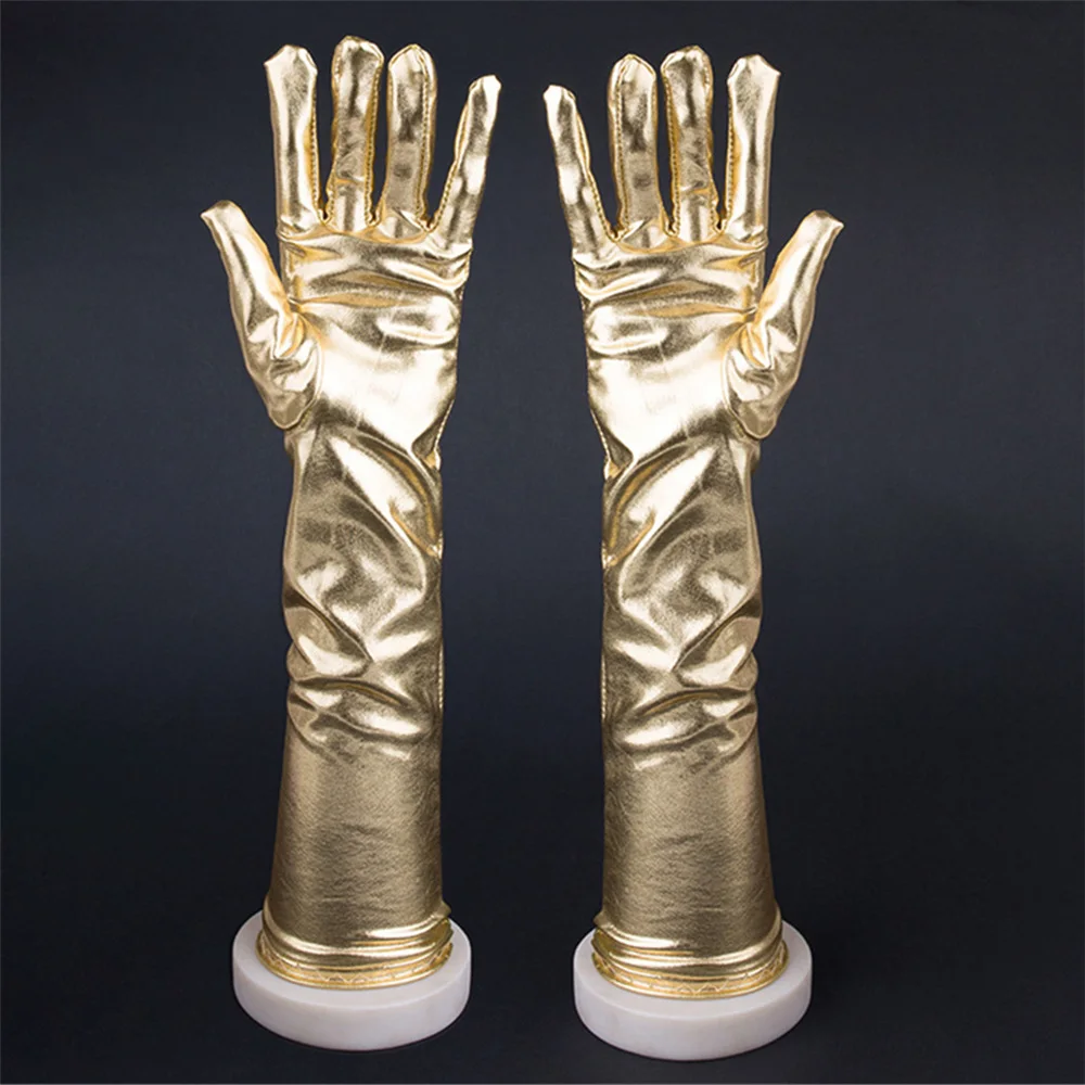 

45cm Hot Stamping Patent Leather Halloween Prom Fashion Gloves Leather Performance Long Stage Lightly Reflective Mittens NV36