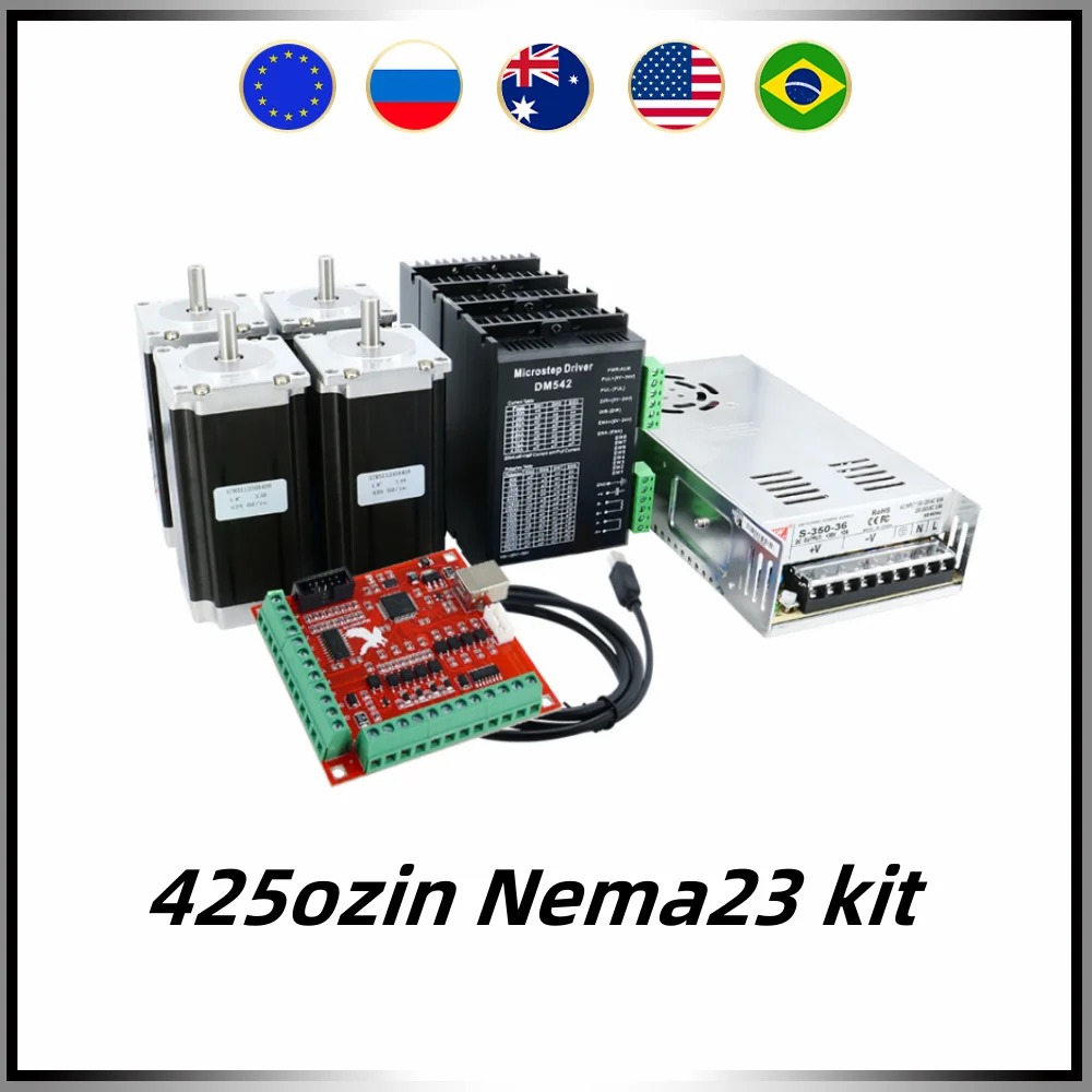 4 axis CNC Nema23 57 stepper motor kit include 4 pcs 3Nm 425oz.in motor +4 pcs drivers + 1 pcs 350w36v power supply + MACH3 card