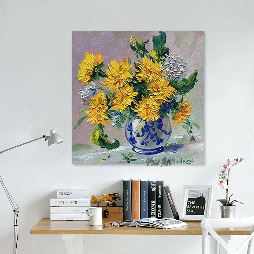 ديكورات الحائط لغرفة المعيشة لوحة سكين زهرة صفراء الحديثة قماش زهرة زهرية النفط اللوحة الفنية صور اليدوية