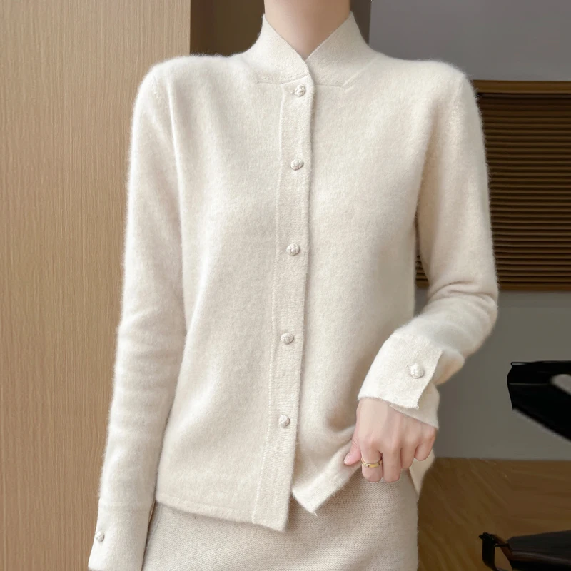 New Chinese Stand Collar New 100% Merino Wool Cardigan Autumn and Winter Vintage Solid Color Sweater Coat Loose Knit Top