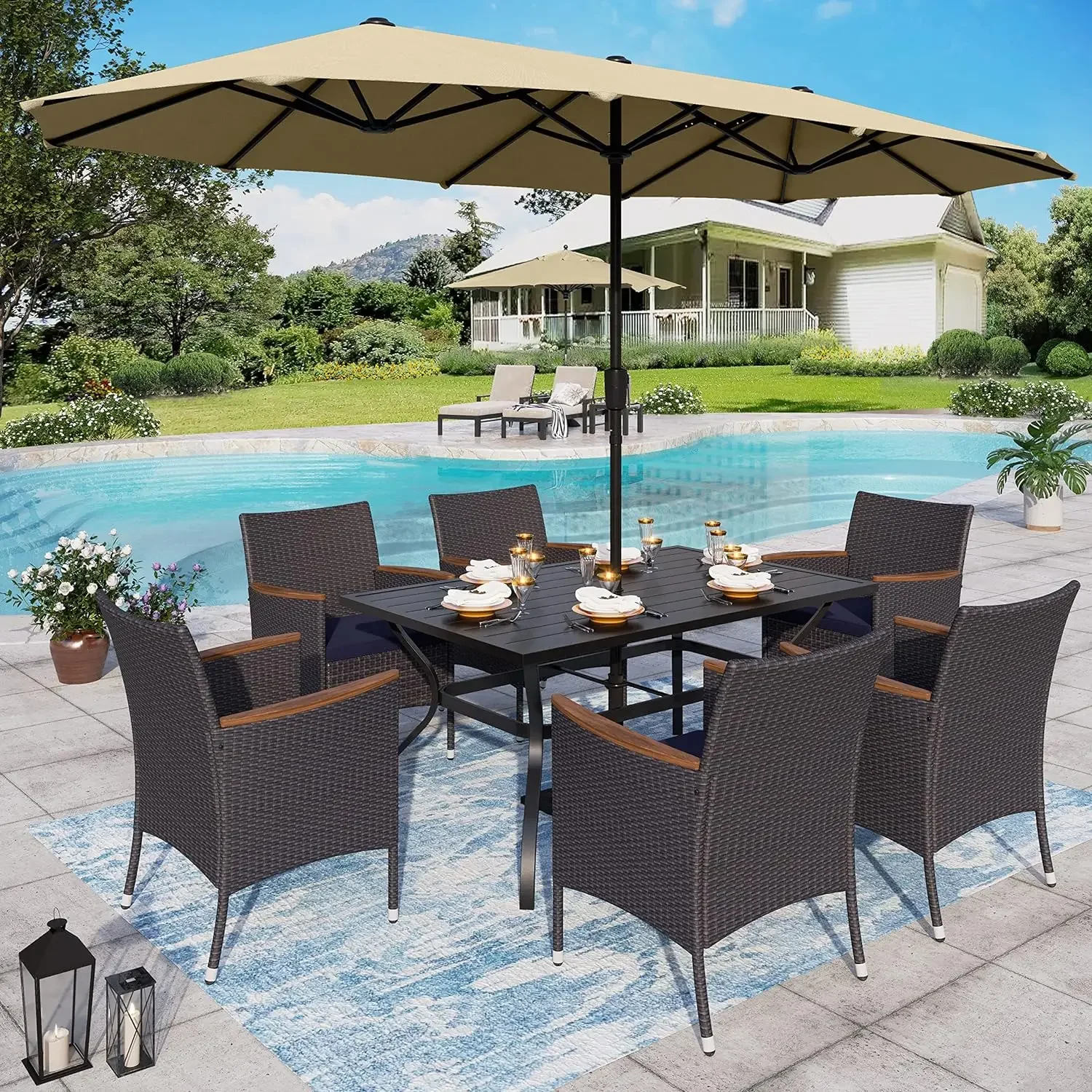 

Outdoor Furniture with Umbrella, Outdoor Patio Dining Set , Square Metal Patio Table and Rattan Chairs, Patio Furniture Set