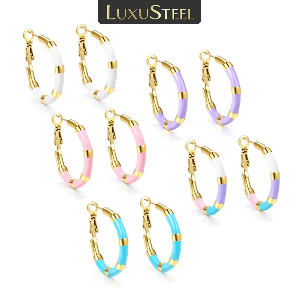

LUXUSTEEL Women's Classic Oval C-Shaped Stripe White Drop Oil Fried Dough Twists Mixed Color Stainless Steel Metal Does Not Fade