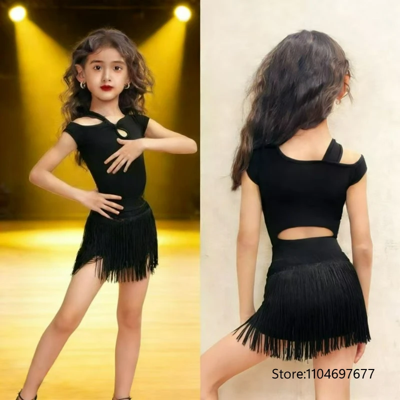

Детский костюм для латинских танцев для девочек, топ с короткими рукавами, комплект с юбкой с бахромой, черный комплект для румбы, ча-ча-ча, тренировочная одежда для выступлений