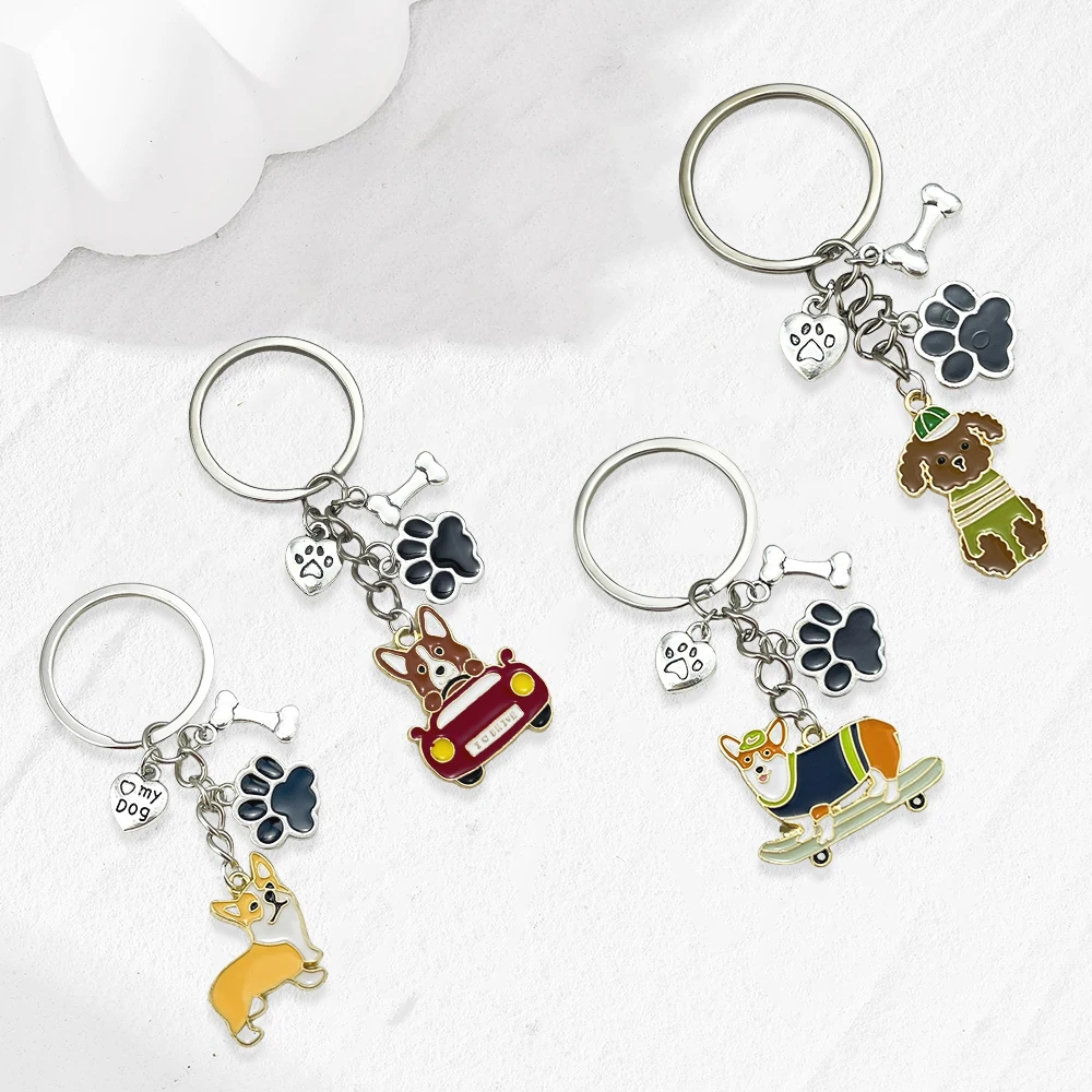LLavero de perro de skate creativo, aleación de dibujos animados, perro salchicha Corgi, llavero para mascota, mochila, colgante de coche para amantes de los perros, recuerdos