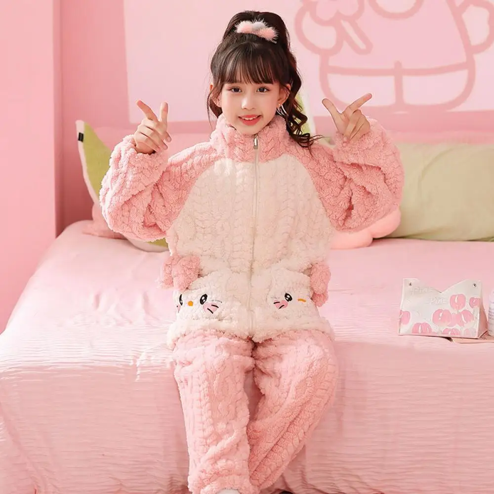 Cute Anime Kuromi Plush Pajamas Suit Children Sanrioed Kawaii My Melody Kids Zipper Home Clothes Winter Cartoon Warm Loungewear