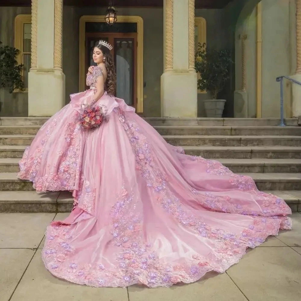 Vestidos de Quinceañera de princesa rosa, vestido de baile de manga larga, apliques de tul, dulce 16, 15 Años, mexicano