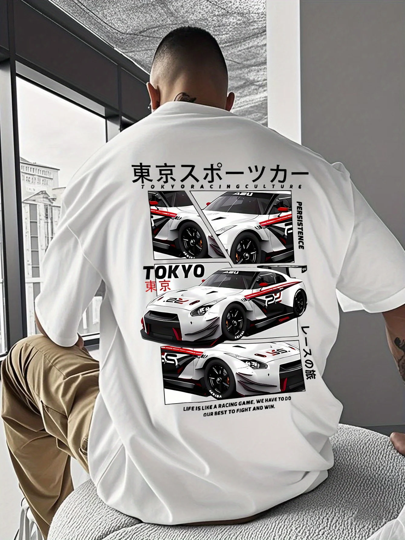 Men's T-shirt, American Standard Size Short Sleeve, Street Style, Tokyo Racing Graphic, Summer Short Sleeve Tee, Comfortable, Breathable, and Loose-fitting, for Daily Casual Wear, Outdoor Sports, All Seasons, Trendy and Versatile