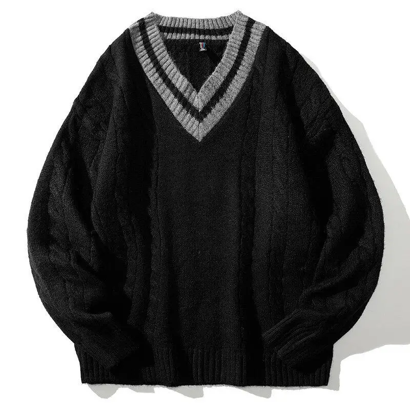 Suéteres de punto de gran tamaño para hombre, jersey negro con cuello en V, prendas de punto a rayas Vintage, ropa de invierno