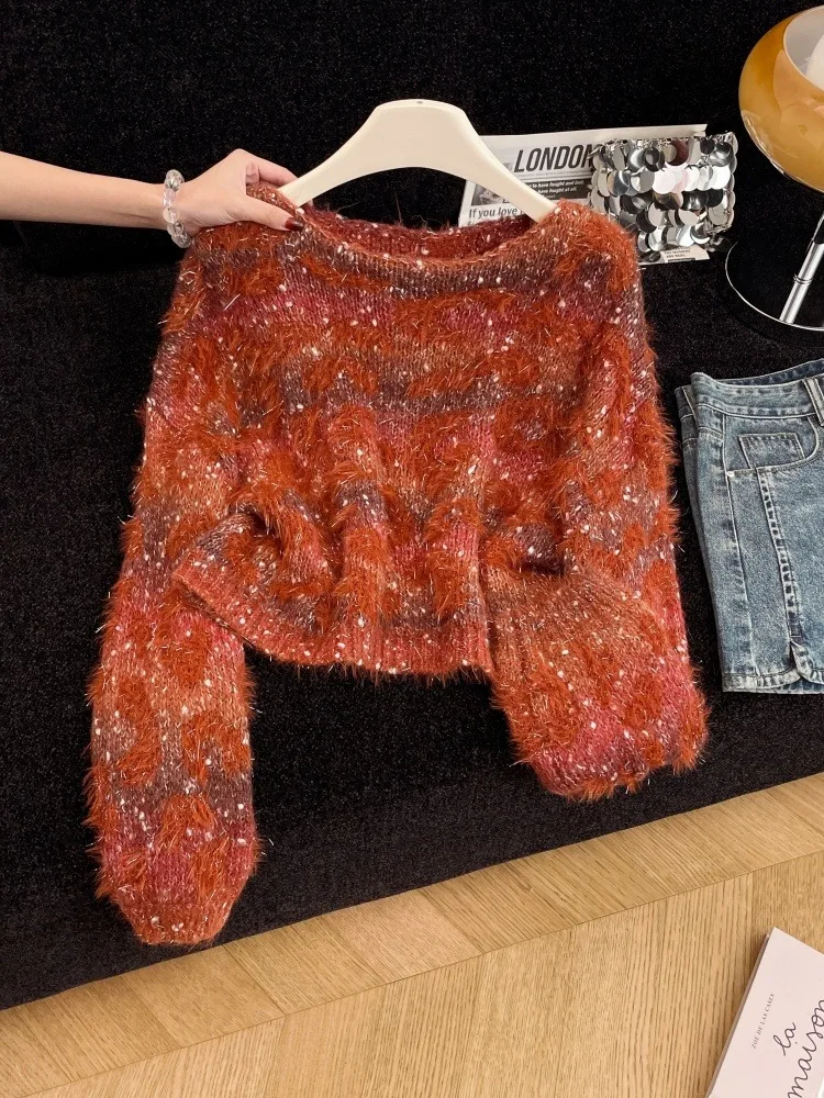 

Ultra-Puffy Orange Red Knitted Sweater Women's Autumn Winter Faion High-End Feeling Soft Knit Base irt Commute Sle Regu...