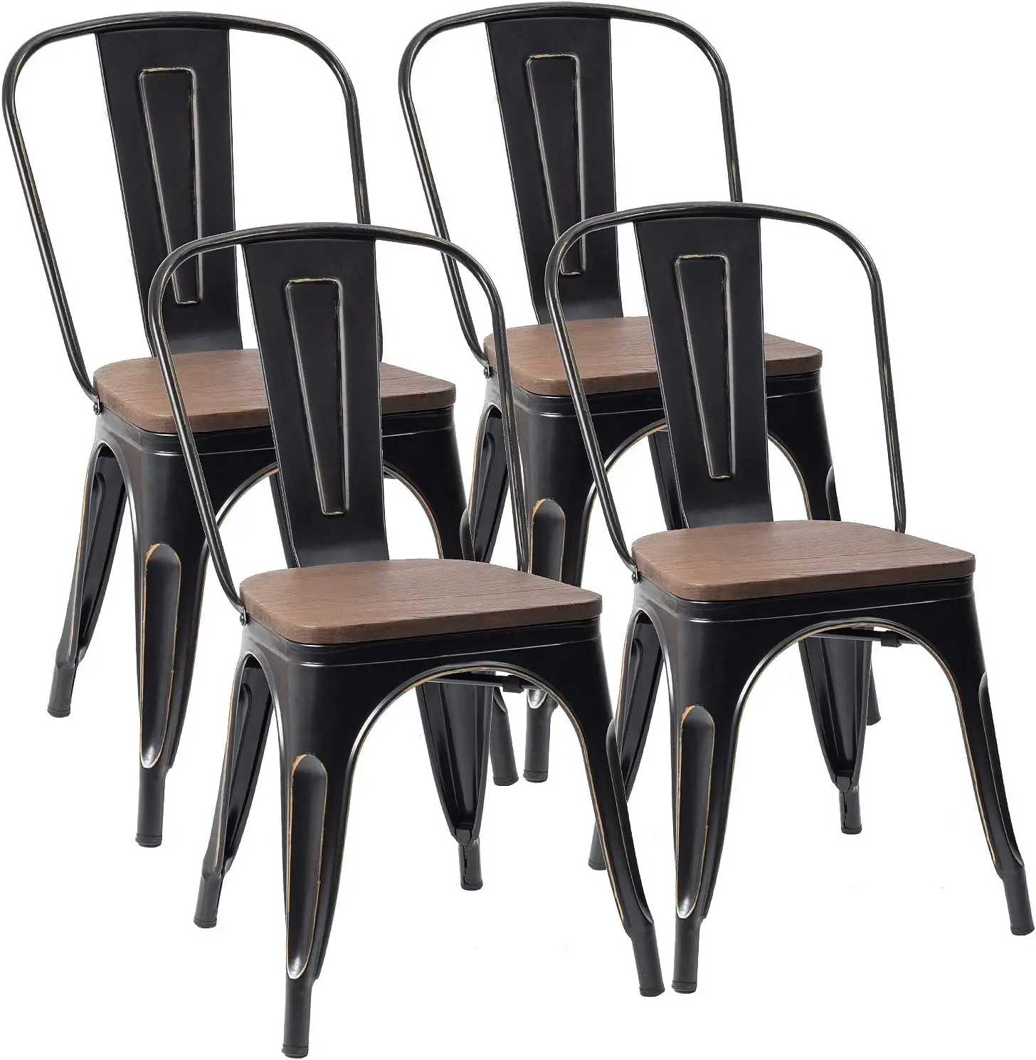 Sillas de comedor de metal con asiento de madera, uso interior y exterior, sillas de metal apilables y elegantes para comedor, bistró y cafetería, juego de 4 (Blac