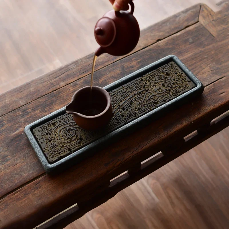 Tea Tray Natural Stone Plate Dragon Pattern Decoration Chinese Home Table Rectangular Office Accessorie Antiques Kungfu Teaset