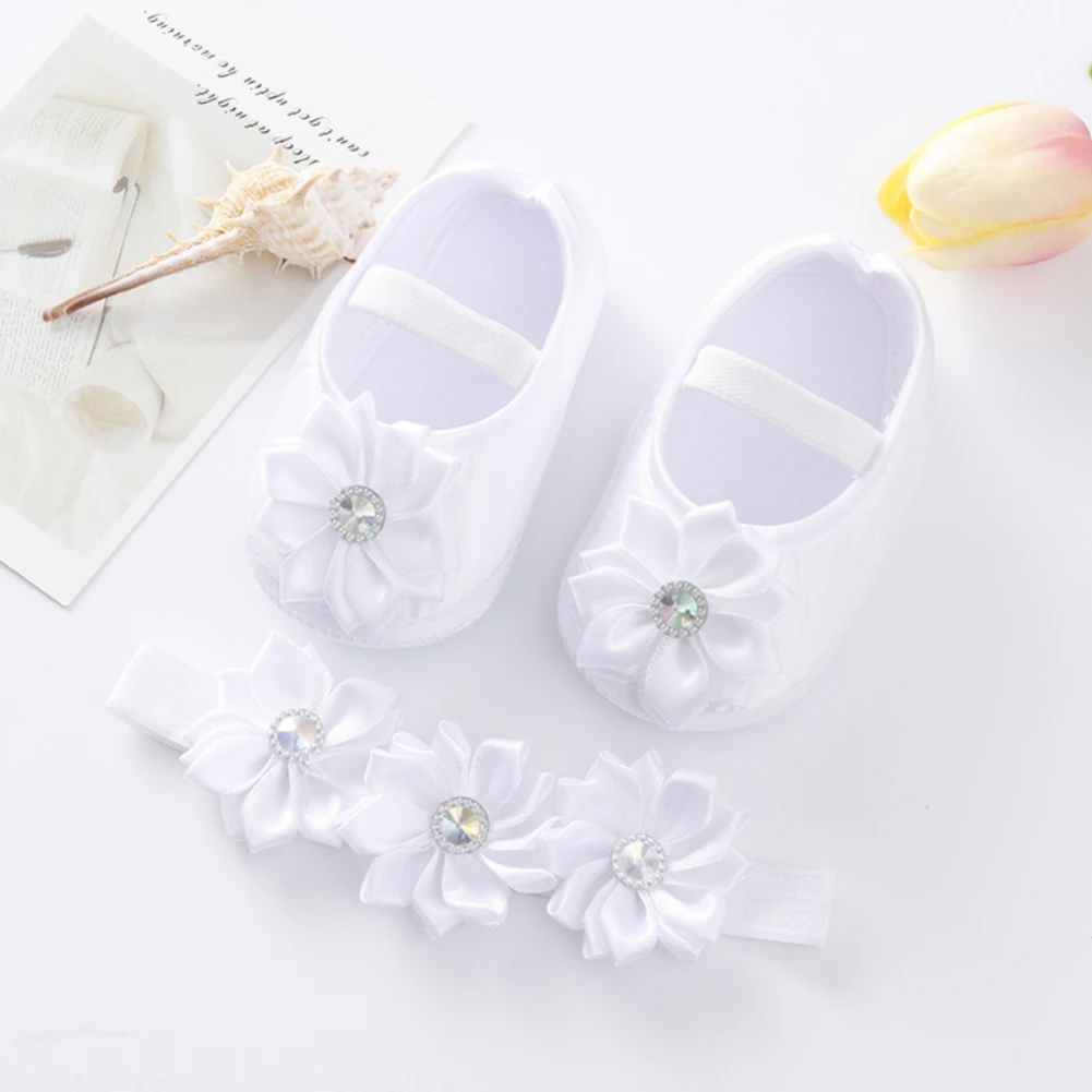 Baby Girls Cotton Shoes Spring Toddler Cute Pearl Flower Princess Shoes First Walkers With Headband Infant Soft Bottom Prewalker