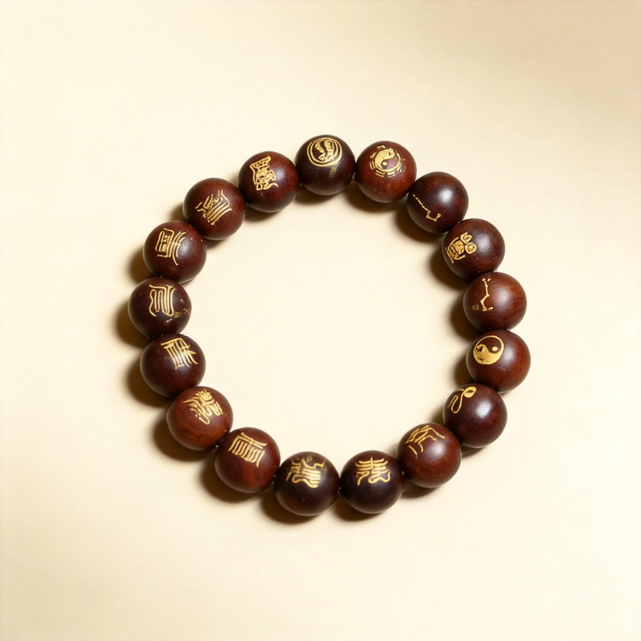 Chinese Traditional Thunderstruck Jujube Wood Beaded Bracelet 12mm 17pcs Gold Foil Taoist Scripture Prayer Beads Lucky Blessing