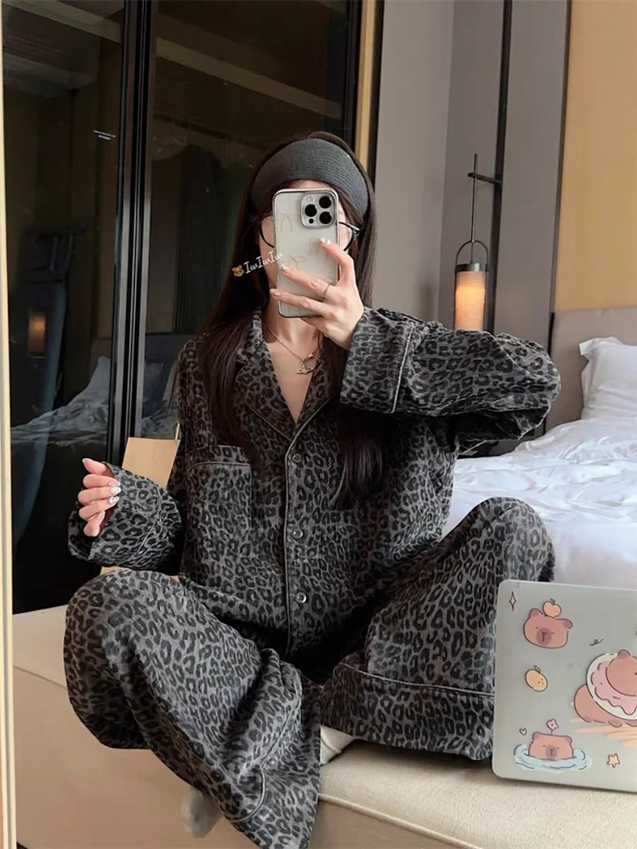 Autumn Winter Leopard Print Sleepwear Women's Loose Wide Leg Long Sleeve Home Clothes Set Comfortable Soft Warm Fashionable