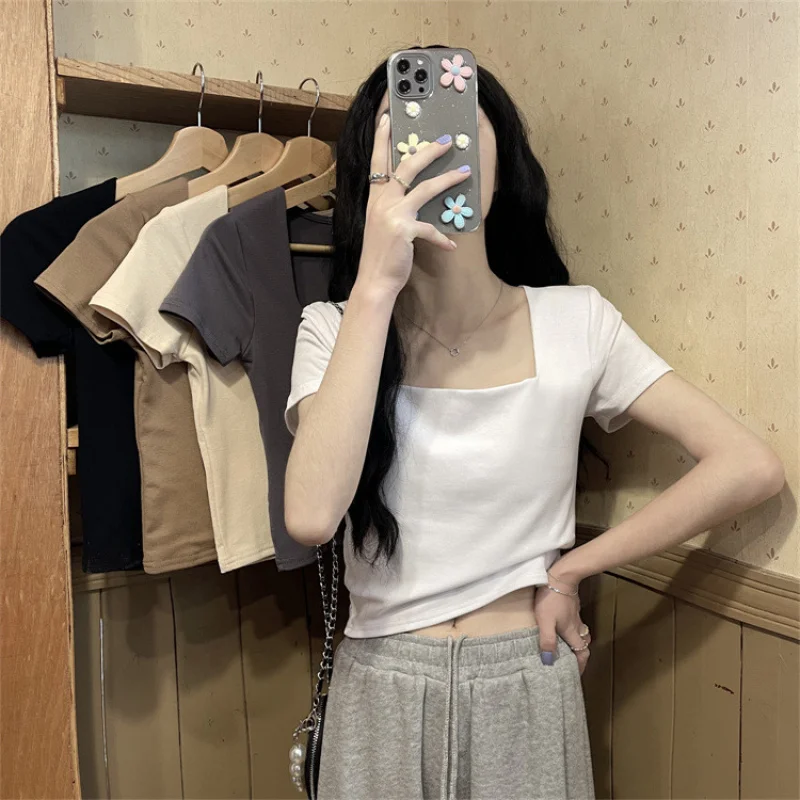 

New Design Sense Spicy Girl Short Style Square Neck French Tight Top Short Sleeved Black T-Shirt Women'S Clothing
