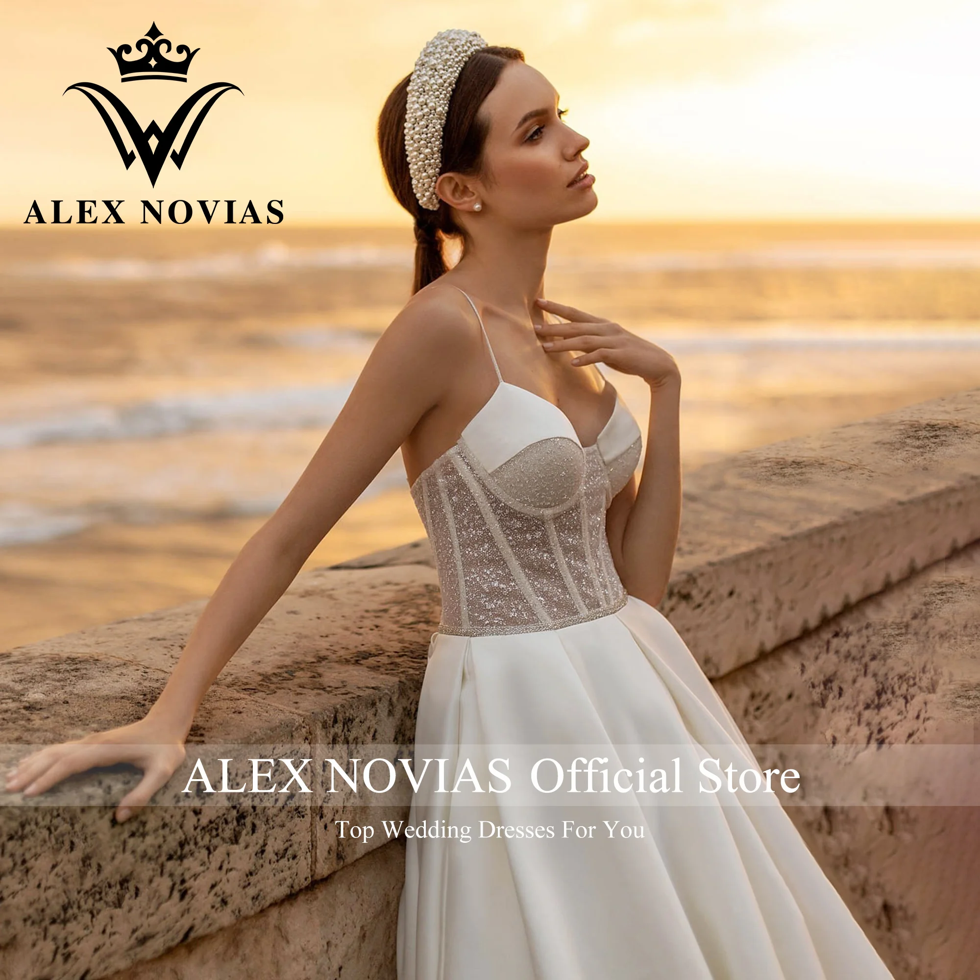 ALEX NOVIAS-vestido De novia De satén con bolsillos, traje brillante con tirantes finos, escote Corazón, 2023