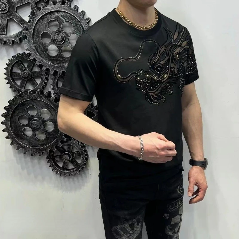 Men Short-sleeved T-shirt Black Men Clothing Dragon Tops Tees Flocking Hot Stamping Design Slim Fit