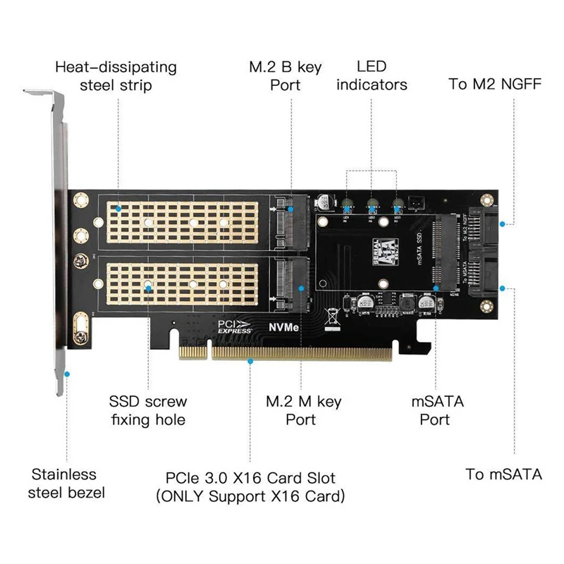 Adaptador M.2 NVMe SSD NGFF a 3,0 PCIE X16, llave M B, MSATA PCI, expansión SATA 3 en 1, elevador de convertidor, negro