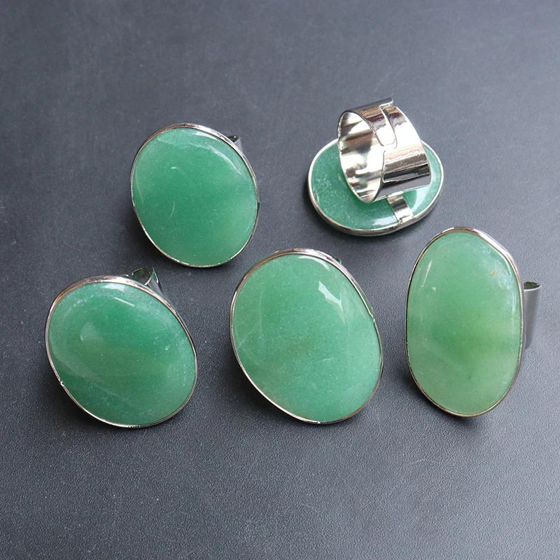 Irregular Green Aventurine Open Rings for Women Silver Color Adjustable Reiki Natural Stone Finger Ring Jewelry