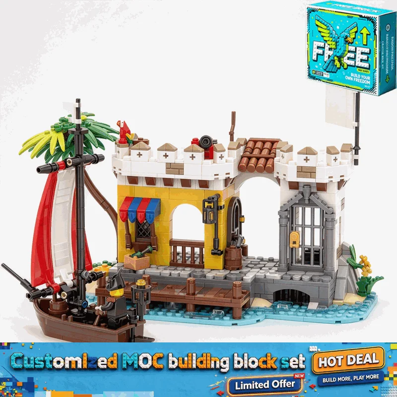 862PCS Lagoon Fortress Harbor Building Blocks Pirate Island Lockup Model Coastal Dock Scene Creative Assembly Display Gift