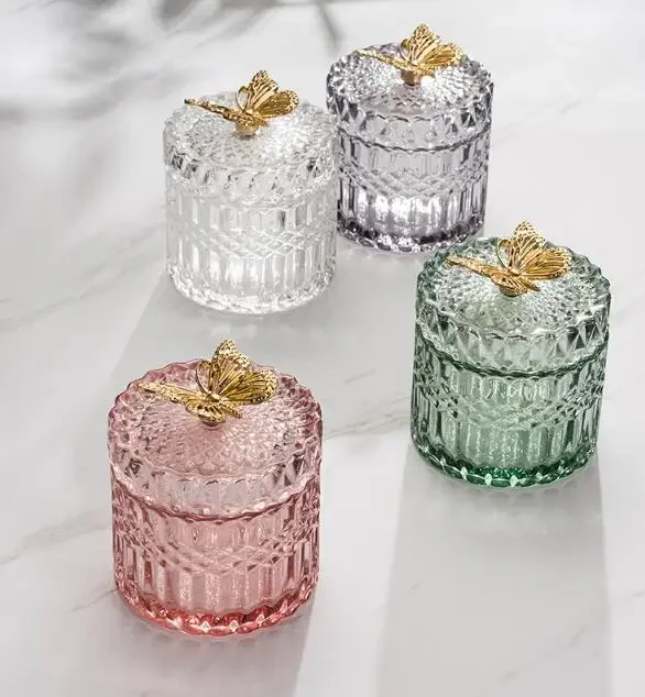 Butterfly Glass Storage Jar Jewelry Box Household Cotton Swab Box Desktop Transparent Glass Jar Decoration Decoration