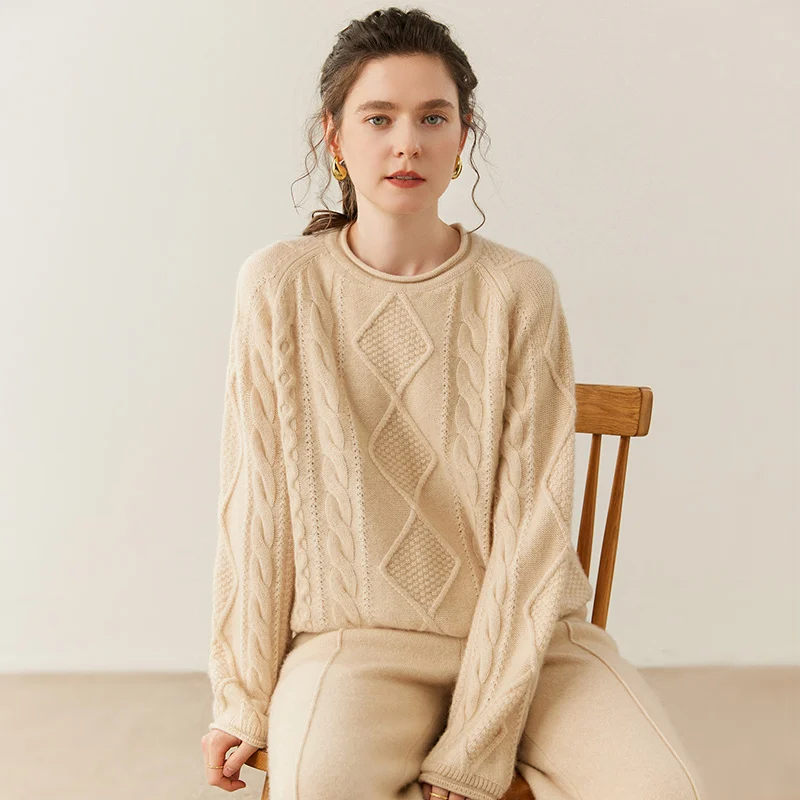 

O-Neck Rolled Cuff Cable Knit Pullover Women's 100% Cashmere Loose Long-Sleeve Sweater Autumn Winter Fashionable Trendy Knitwear