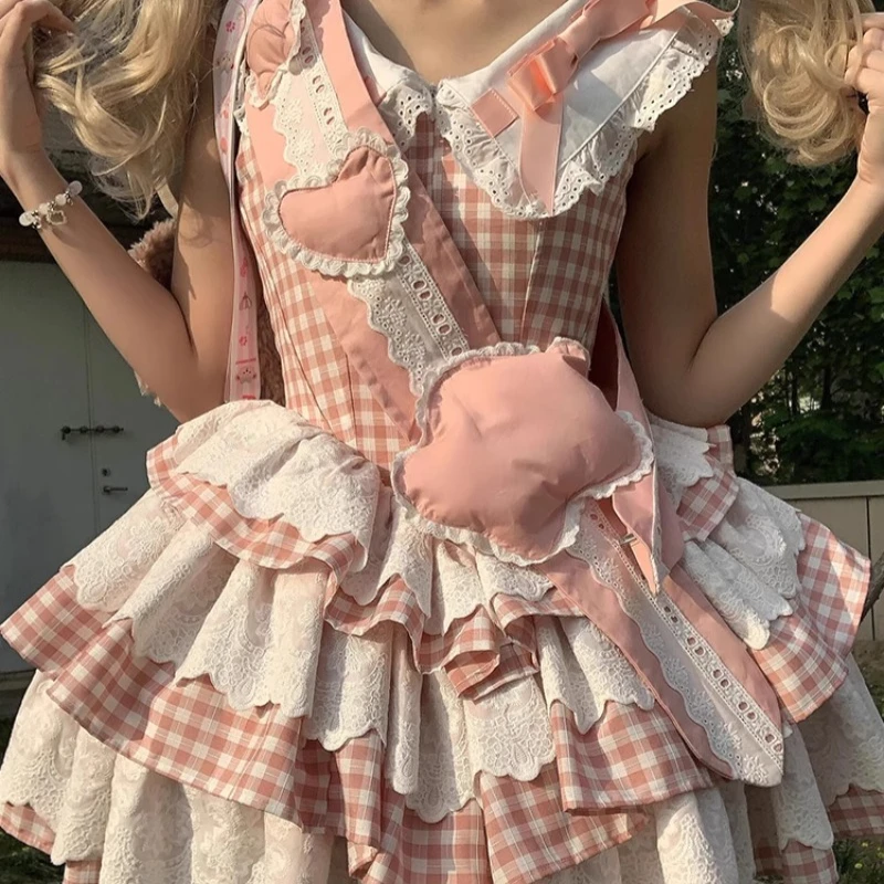2025 japonês verão bonito doce rosa xadrez pequenas mangas voadoras lolita cintura fina em camadas vestido fino para mulher
