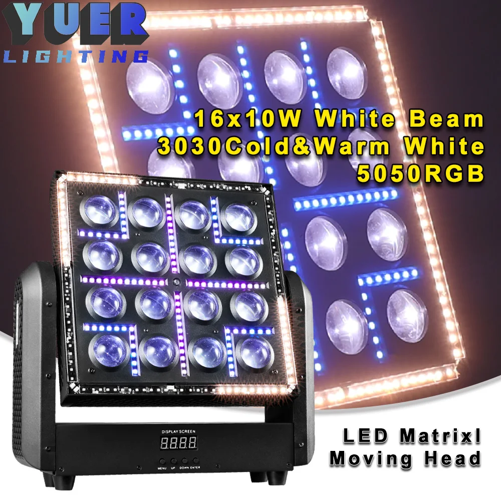 

YUER LED Matrixl Stage Light 16x10W White Beam + RGB LED + Cold Warm White Ring DMX Music Moving Head Blinder Dj Disco Lighting