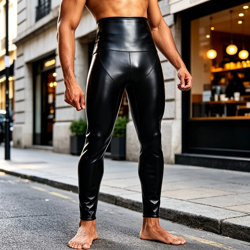 Men Pu Leather Shaping Pants High Waist Tummy Control Butt Lifting Slim Fit Four Way Stretch Pants for Gym Party Daily Wear