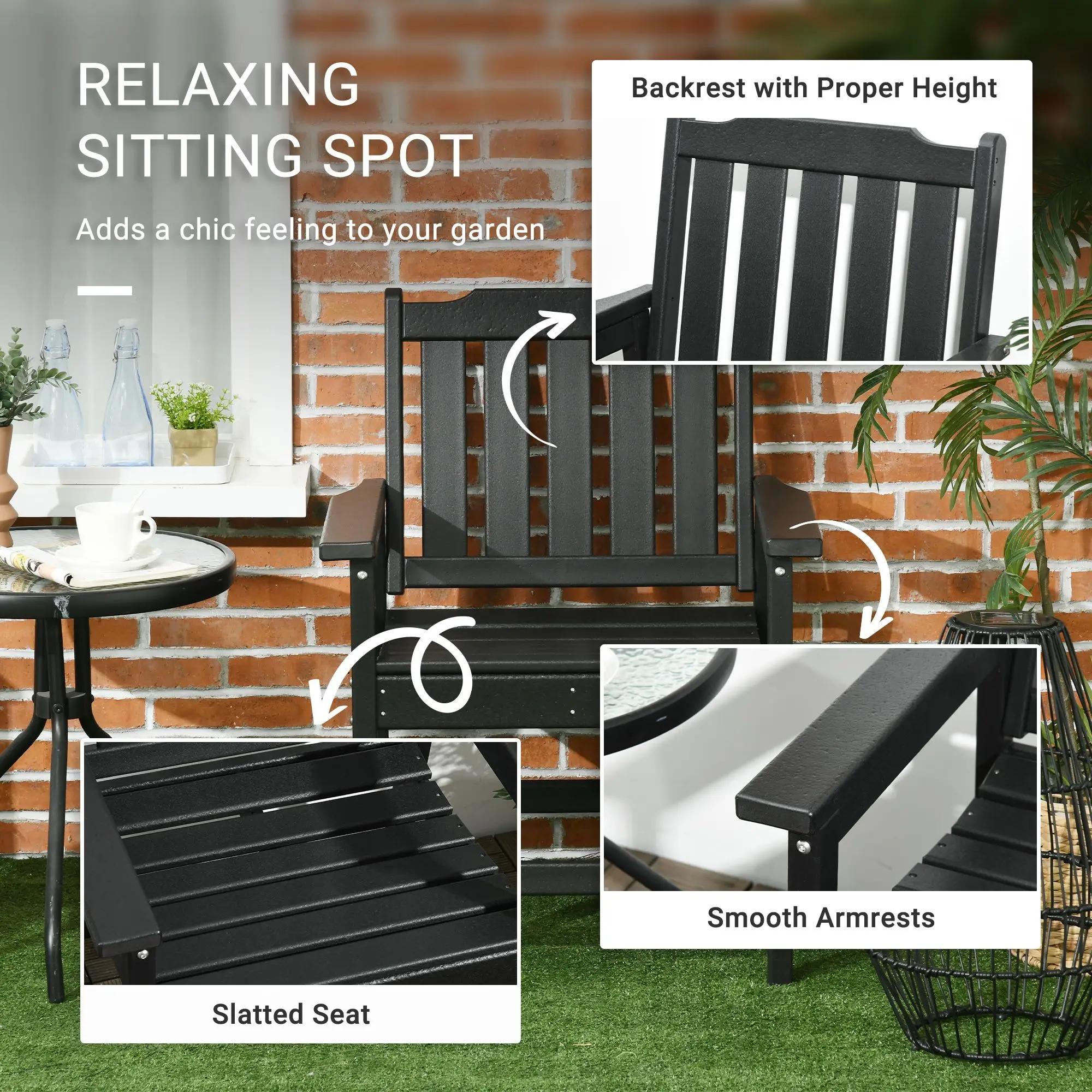 ل Outsunny 2 قطعة HDPE كرسي للاستعمال الخارجي مجموعة كراسي حديقة سوداء مع مساند للذراع شرائح الظهر للفناء في الحديقة بجانب حمام السباحة