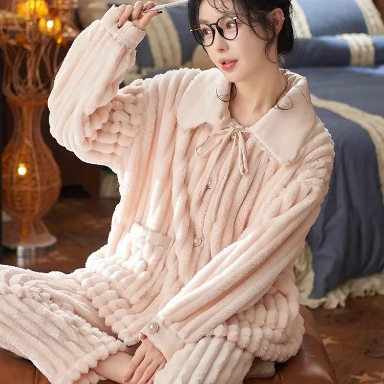

Plus Size Couple Pajamas Women's Autumn Winter Thickened Coral Fleece Solid Color Plus Size Cute Homewear