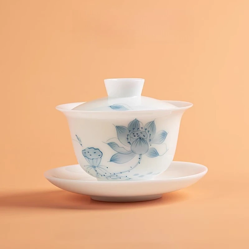 

Hibiscus water ice jade porcelain hand-painted three talents cover bowl kung fu tea set ceramic tea bowl high-end single product
