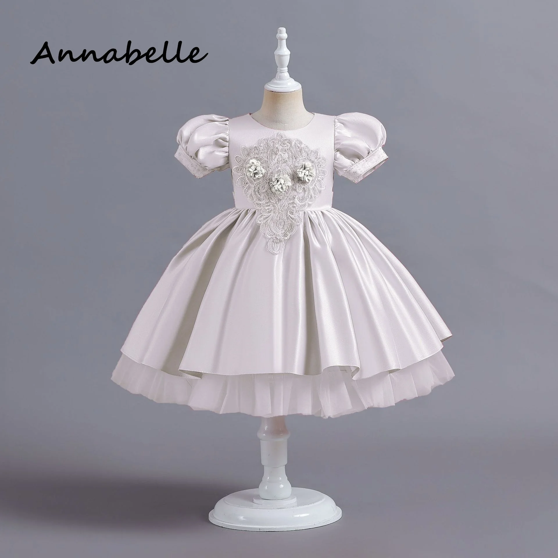 Annabelle Flower Girl Princess Dress Baby Girl Ceremony Birthday Short Sleeved Round Neck For Wedding Party Bridesmaid Bow Dress