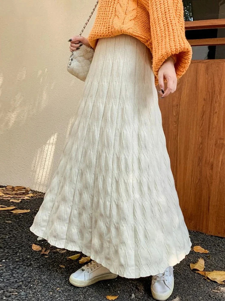 

2025 Faldas Mujer De Moda Vintage Knitted Skirt For Women High Waist A-line Jupe Tempermanet Pleated Saia Tunic Korean Skirts