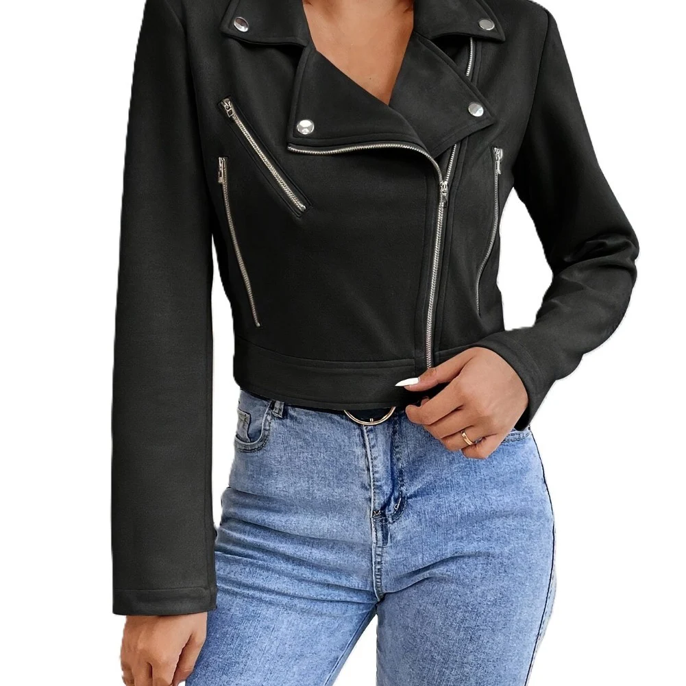 Short Leather Jacket for Women with Diagonal Zipper Metal Buttons High Waist Regular Length Autumn Winter Wear