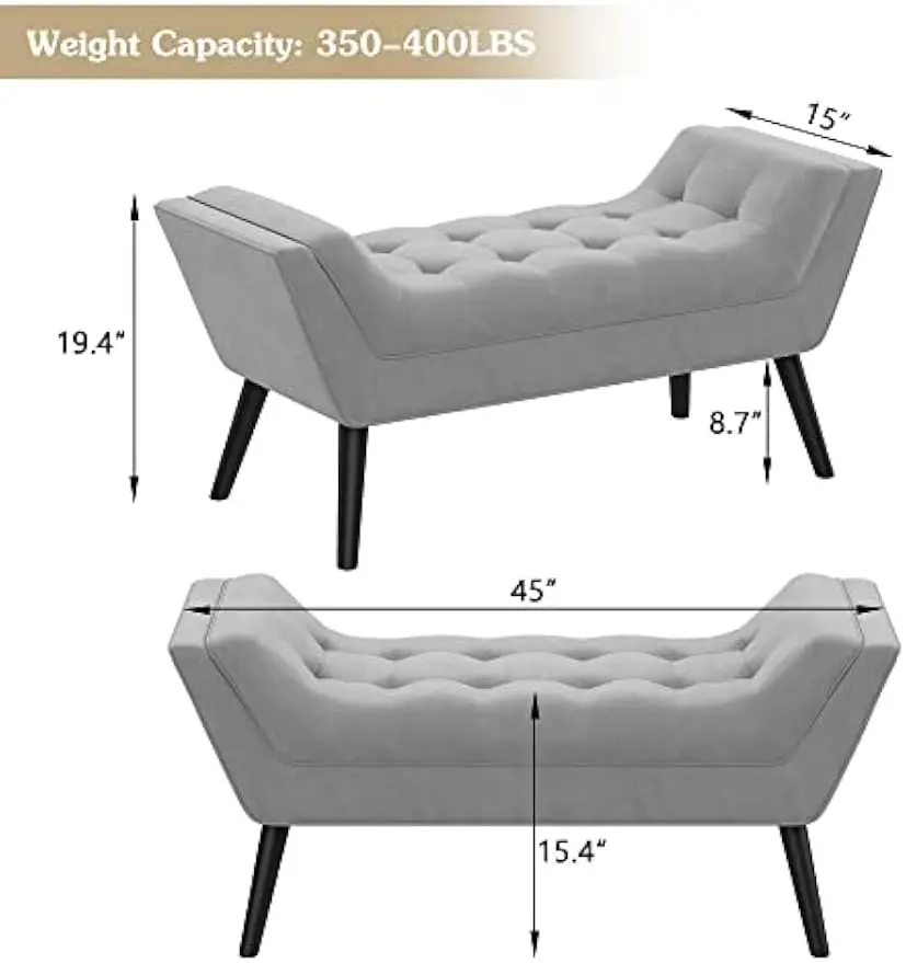Tufted Fabric Bed Bench, Upholstered Bedroom Ottoman Footstool, Padded Long Entryway Rest Seating For Living Room Hallway Dressing Area, Elegant Modern Contemporary Style, Classic Neutral Gray