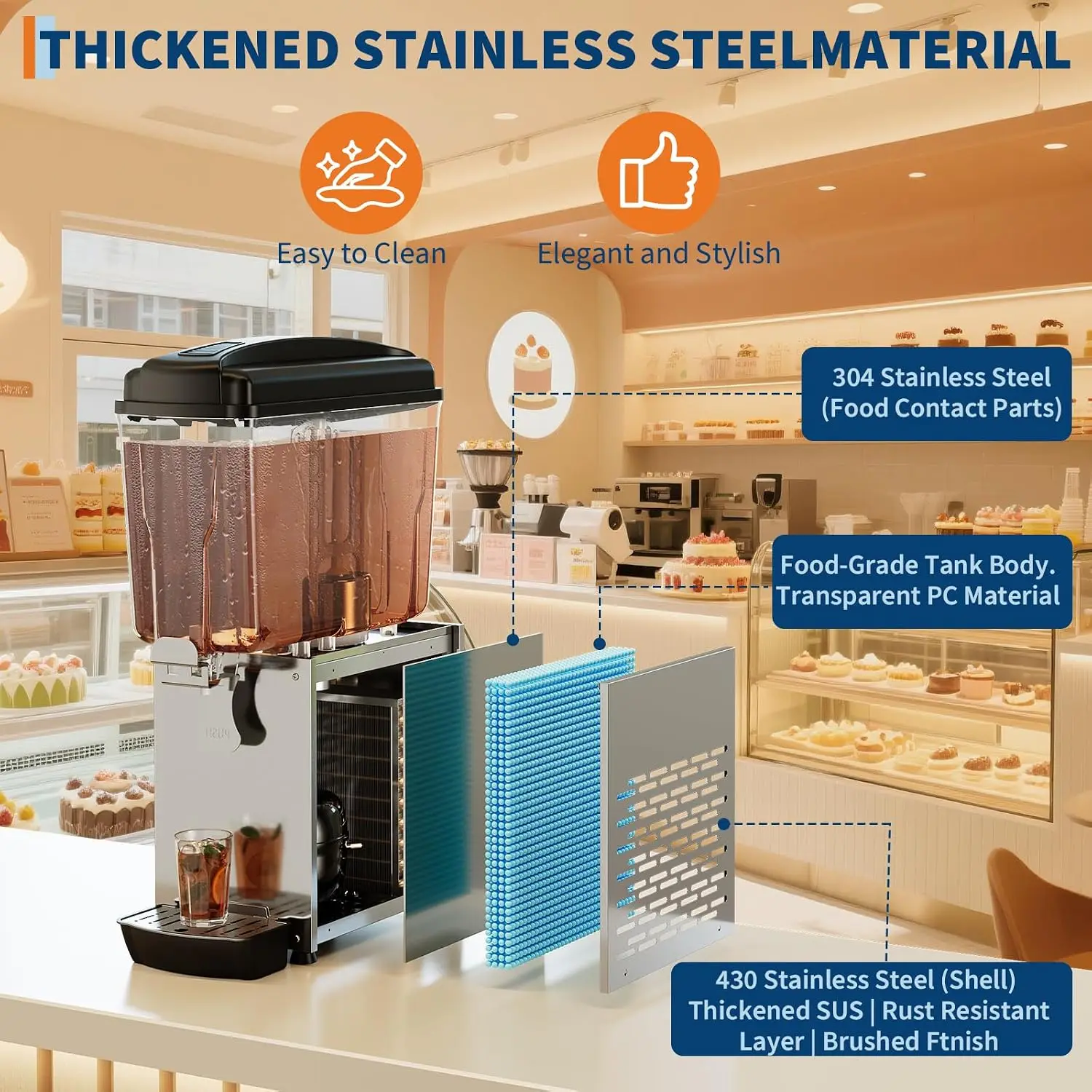 Tacleekii 18L Commercial Beverage Dispenser Single Tank Cold Drink Juice Machine 304 Stainless Steel PC Tank Stirring Motor Large Drip Tray for Cold Drinks