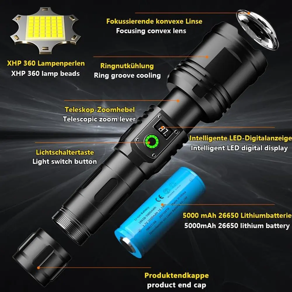 Linterna LED XHP360 de alta potencia, linterna de 36 núcleos con pantalla LCD, resistente al agua, con zoom, para emergencia y acampada