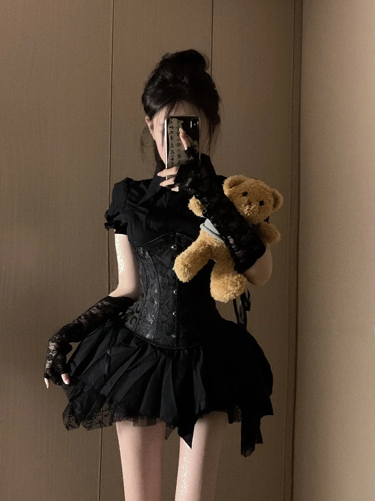 K loween-Conjunto de Cosplay para mujer, corte entallado, irt con Bubble Sve + falda acampanada de doble capa de encaje, disfraz Faionable