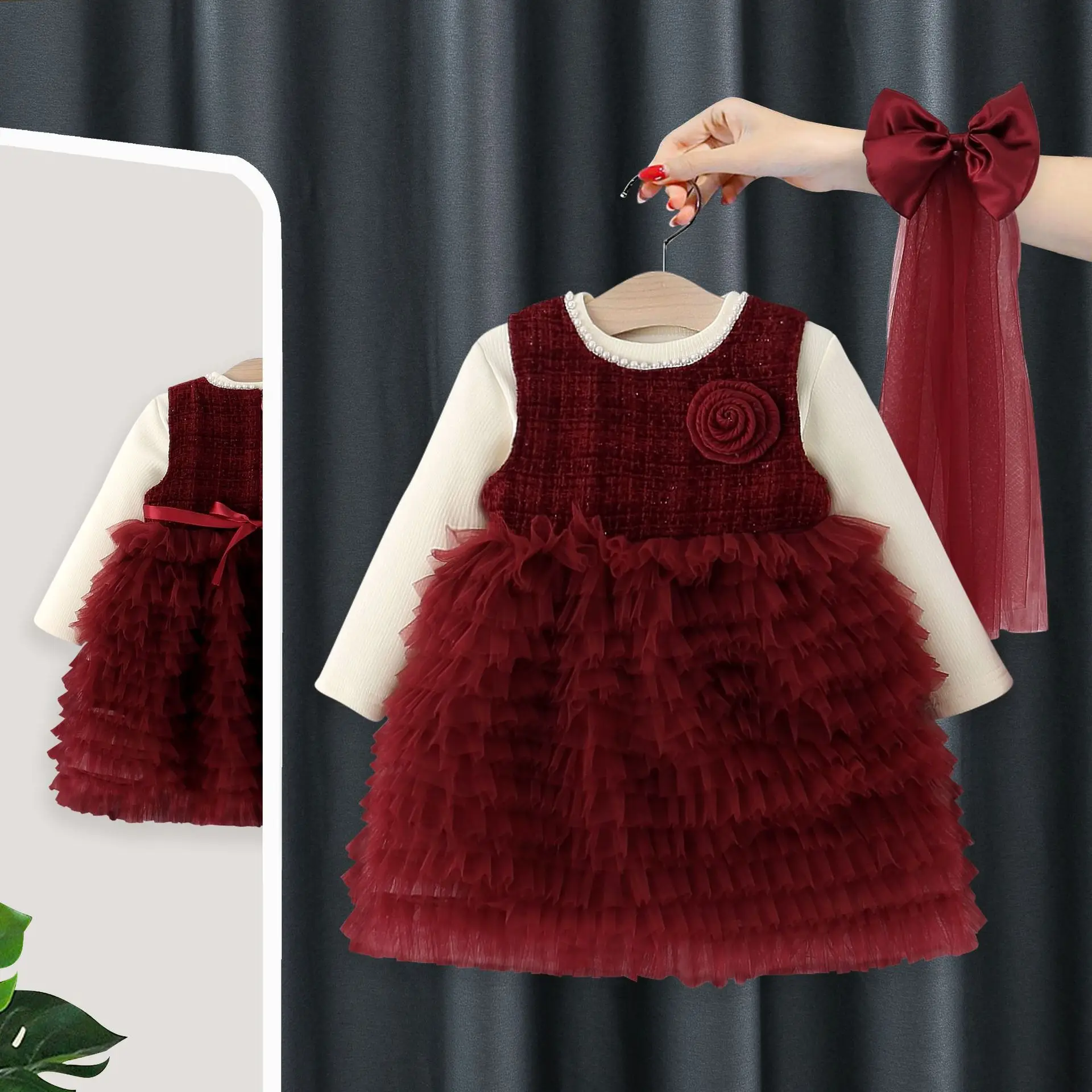 

Осенне-зимняя одежда для маленьких девочек, комплекты одежды, футболка, топ + жилет с цветочным узором, жемчужное платье, костюмы для маленьких девочек, одежда, комплекты для малышей