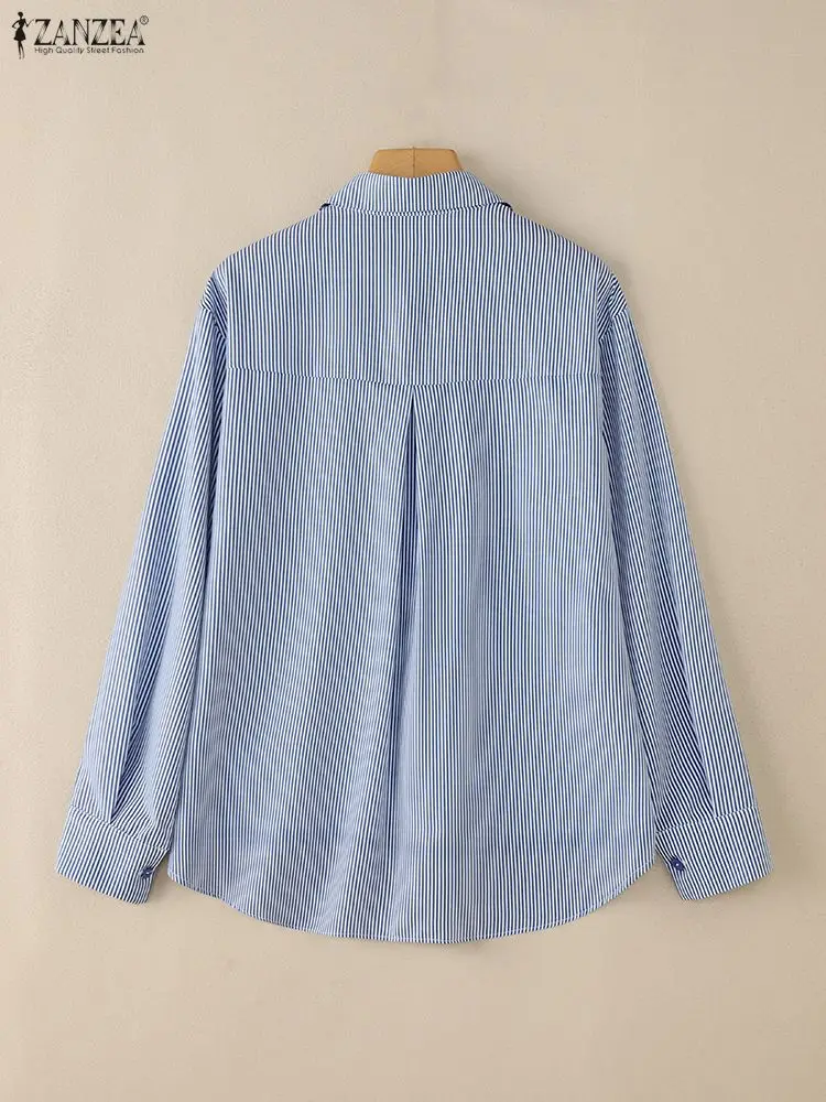 ZANZEA Mode Gestreiften Shirts Frauen Elegante Langarm Katze Drucken Patchwork Casual Bluse Herbst Tunika Tops Vintage Weibliche Blusa