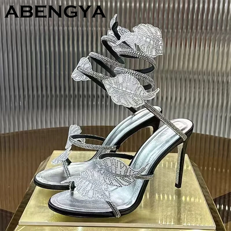 2026 Summer New Thin High Heels Leafs Crystal Sandals Women Snake Ankle Wrap Stilettos Sexy Runway Party Rome Sandalias Femme ﻿